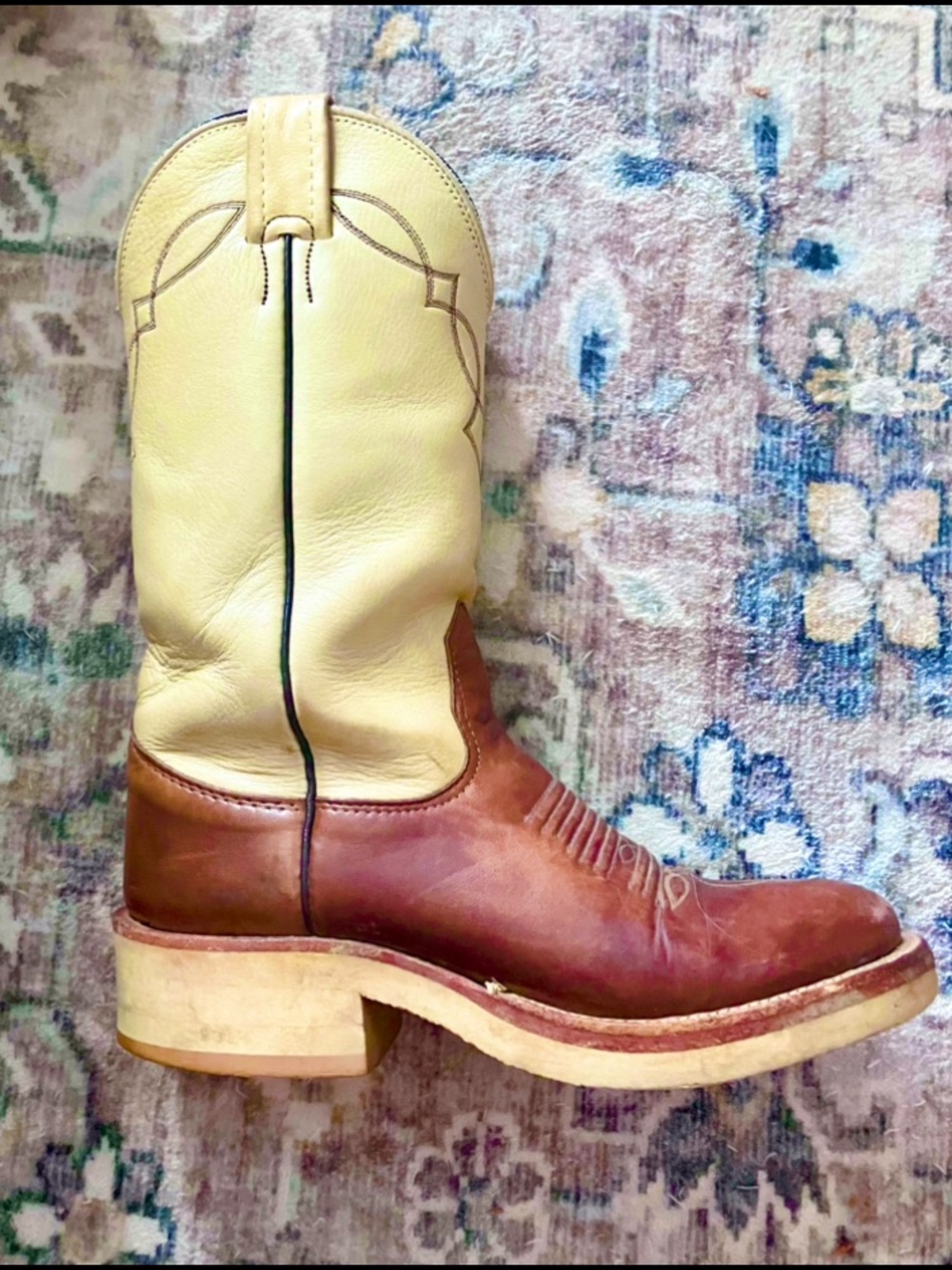 Nocona Two-Tone Banana Yellow Leather Western Boots. Lemonwood Stacked heel!